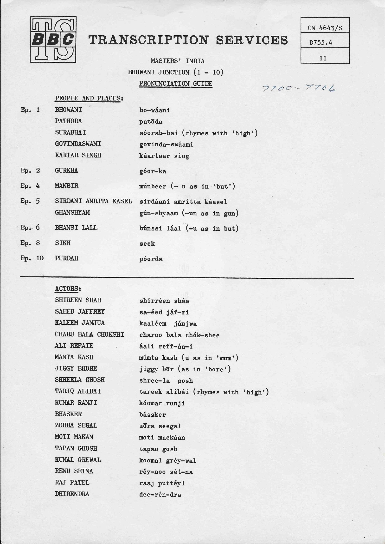 CN 4643 S 4 Masters' India Bhowani Junction - Parts 7 & 8 John Masters Inserts from CN 4643 S 4